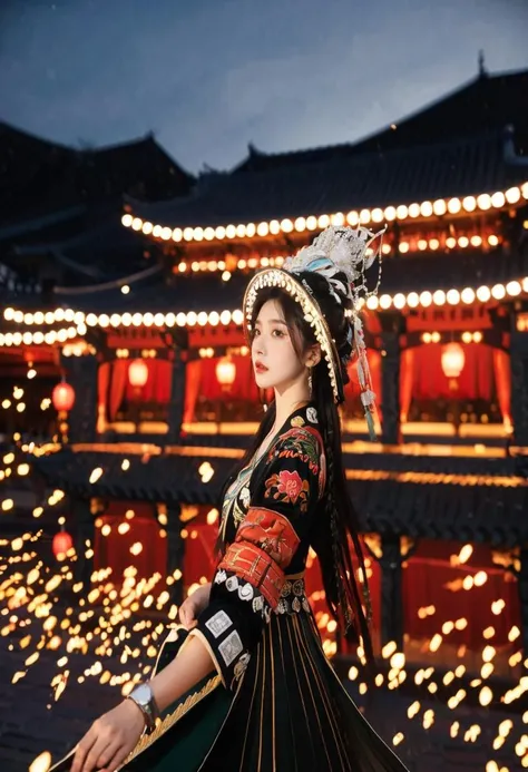 miaoyuansu,miao5
Vibrant Rim Light, cinematic photo Hanfu photography, cinematic angle, fisheye, dynamic perspective, intricate details, wide angle, cinematic lighting, motion blur,
1girl, black hair, long hair, hat, hair ornament, earrings, hair ribbon, headgear,  bracelet, long sleeves, dress, traditional clothes, makeup, jewelry, bracelet, skirt, long hair blown by the wind, full body,<lora:miaoyuansuSDXL-000009:0.7>
Miao girl dancing gracefully in the enchanting light of the setting sun, adorned in a traditional Miao outfit with meticulous silver headdress featuring intricate handcrafted patterns, vibrant and elaborately embroidered clothing, an array of ornate jewelry adorned with silver coins
dusk,
35mm photograph, film, bokeh, professional, 4k, highly detailed, light depth, dramatic atmospheric lighting, Volumetric Lighting