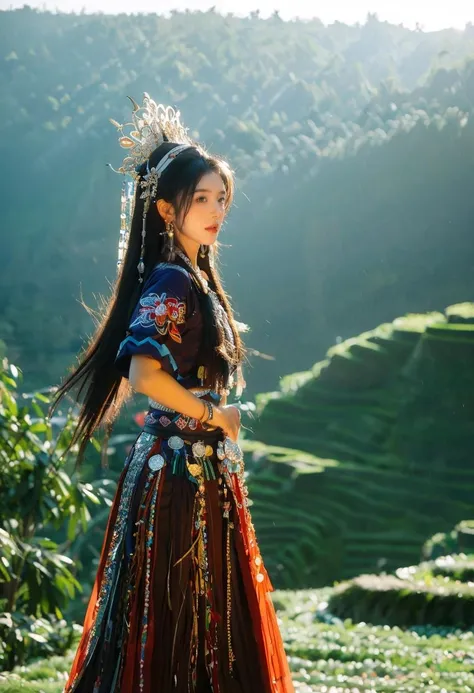 miaoyuansu,miao5
Vibrant Rim Light, cinematic photo Hanfu photography, cinematic angle, fisheye, dynamic perspective, intricate details, wide angle, cinematic lighting, motion blur,
1girl, black hair, long hair, hat, hair ornament, earrings, hair ribbon, headgear,  bracelet, long sleeves, dress, traditional clothes, makeup, jewelry, bracelet, skirt, long hair blown by the wind, full body,<lora:miaoyuansuSDXL-000009:0.7>
Miao girl dancing gracefully in the enchanting light of the setting sun, adorned in a traditional Miao outfit with meticulous silver headdress featuring intricate handcrafted patterns, vibrant and elaborately embroidered clothing, an array of ornate jewelry adorned with silver coins
dusk,
35mm photograph, film, bokeh, professional, 4k, highly detailed, light depth, dramatic atmospheric lighting, Volumetric Lighting