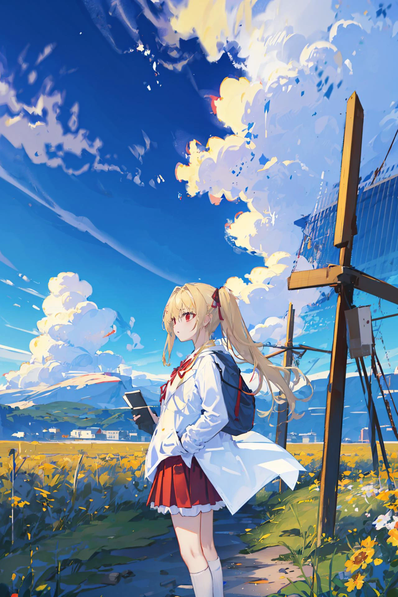 1girl, landscape, cloudy sky, field, panorama, overlook,(high contrast:0.8),(distant view),blurry foreground,wind,
shinku \( Iro toridori no sekai\) , blonde hair, red eyes, twintails, long hair, hair ribbon, red pleated skirt, open lab coat, blue shirt, school uniform, cropped legs, tying hair
christmas, trim marks, sky, gracidea, floating island
masterpiece,highres,extremely detailed CG unity 8k wallpaper, best quality, ultra-detailed,
<lora:shinku_v3.0:1:CHARACTER>, <lora:animeScreenshotLikeStyleMixLora_v10:1:BACKGROUND>