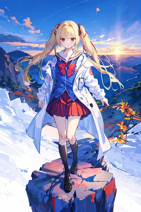 1girl, landscape, panorama, overlook,(high contrast:0.8),(distant view),blurry foreground,wind,
shinku \( Iro toridori no sekai\) , blonde hair, red eyes, twintails, long hair, hair ribbon, red pleated skirt, open lab coat, blue shirt, school uniform, foot focus, head down
white background, stats, sunset, heliconia, mountain
masterpiece,highres,extremely detailed CG unity 8k wallpaper, best quality, ultra-detailed,
<lora:shinku_v3.0:1:CHARACTER>, <lora:animeScreenshotLikeStyleMixLora_v10:1:BACKGROUND>