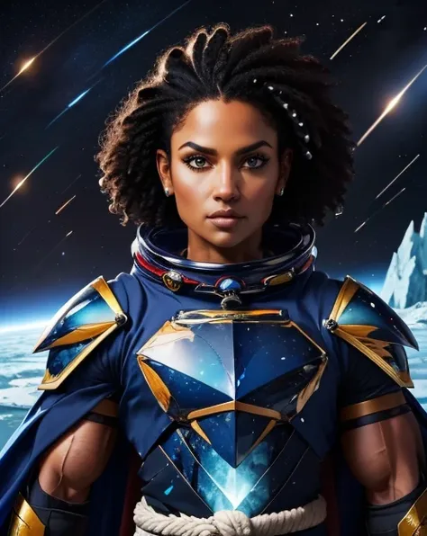 <lora:hadestyle_v2:0.95> bodybuilder body <lora:Black_Women:1>, (Space-themed :1.3), razor cut hair, BREAK  solo, half shot, detailed background, detailed face, (feudal japan theme:1.1), Light blue northern warrior, (glowing eyes:1.05), stoic expression, guardian, dynamic pose, magical armor, cape, surrounded by magical glow, ice shards, ice crystals, cold, windy background, rock formations in background  epic atmosphere,