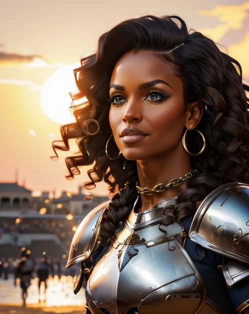 <lora:hadestyle_v2:0.95> bodybuilder body <lora:Black_Women:1>, (Colored pencil art :1.3), beach waves hair, BREAK portrait, solo, upper body, looking up, detailed background, detailed face, (high fantasy medieval theme:1.1), gladiator, myrmidon, fighting stance, dynamic pose, surge of adrenaline, chains, net, Lemon gladiator armor, greaves, bandages, arena in background, dust, sunshine, gladiatorial atmosphere,