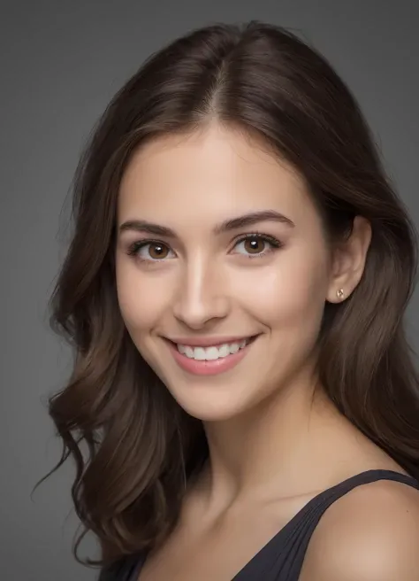 analog style, RAW photo, medium shot, beautiful 28 year old caucasian woman, nice-looking, smiling, with medium big brown eyes, a snub nose, perfectly shaped ears, nut-brown brunette shoulder-long hair. gown. Studio photography, grey background, professional light, professional photography, ((skin blemishes, pores))