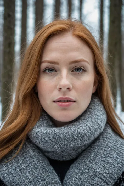 close up of a european woman, ginger hair, winter forest, natural skin texture, 24mm, 4k textures, soft cinematic light, RAW photo, intricate, elegant, sharp focus, (cinematic look), soothing tones, low contrast, dim colors, exposure blend, hdr, faded
