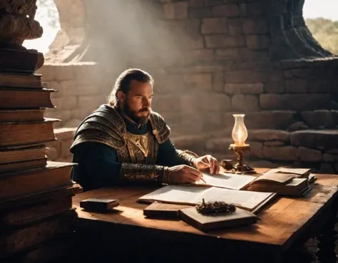 Professional (cinematic shot:1.6) dark Chiaroscuro effect three-quarter view film grain, natural skin, [hyper realistic | detailed | intricate | best quality | hyper detailed | ultra realistic | HQ |8K | UHD | 16K | ornate | masterpiece art], sharp focus, bokeh, depth of field, rule of thirds, at Ancient ruins golden hour BREAK fantasy scene of a (man studying stacks of ancient papers in an hidden library ) beholding with (regal evil spirit woman glowing fractal outlines cursed to roam the earth ) Lara (face looking Displeased:1.4) BREAK [Acrylic Resin :photograph:0.50] uplifting dungeons & dragons art by ([Tom Grummett : Ingrid Baars: 0.90]:1.4), detailed [eyes | pupils | face | teeth ] RAW DSLR Point-of-View Shot photo shot on Hasselblad 503CX Camera <lora:Perfect Hands v2:1.4>