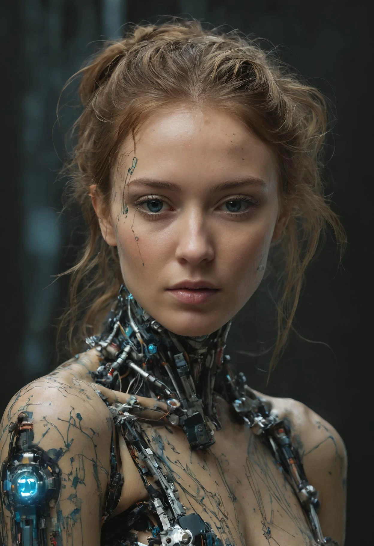a cyborg robot, lights, scars, refractions, posing, ultradetailed, HD, 8K, highlights, good lighting, the most amazing effect, sci-fi,((art by carne griffiths and sean yoro))