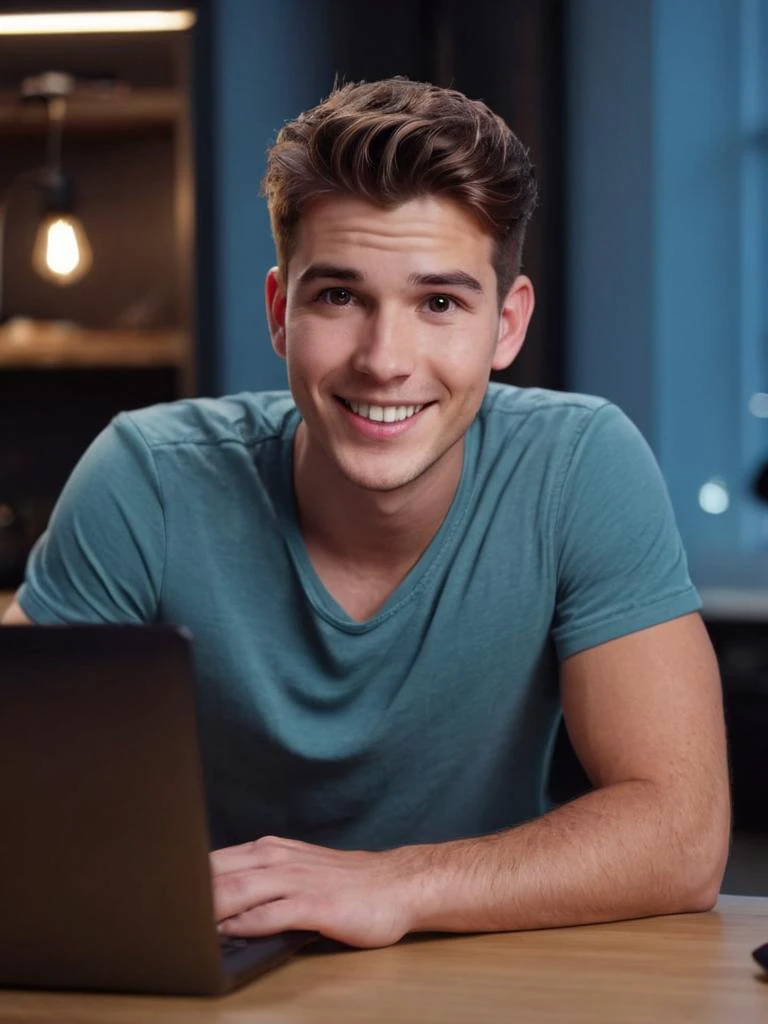 cinematic photo a guy at his computer talking to the camera about technology on youtube, excited, happy, . 35mm photograph, film, bokeh, professional, 4k, highly detailed, detailed skin texture, (blush:0.5), (goosebumps:0.5), subsurface scattering
