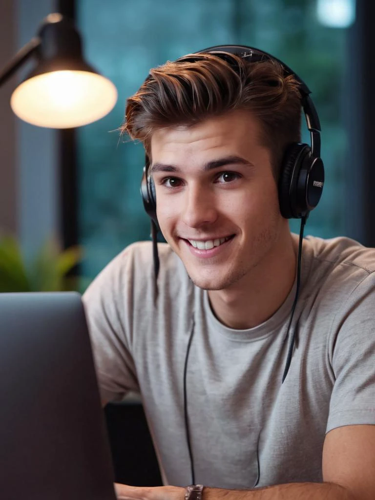 cinematic photo a guy at his computer talking to the camera about technology on youtube, excited, happy, . 35mm photograph, film, bokeh, professional, 4k, highly detailed, detailed skin texture, (blush:0.5), (goosebumps:0.5), subsurface scattering