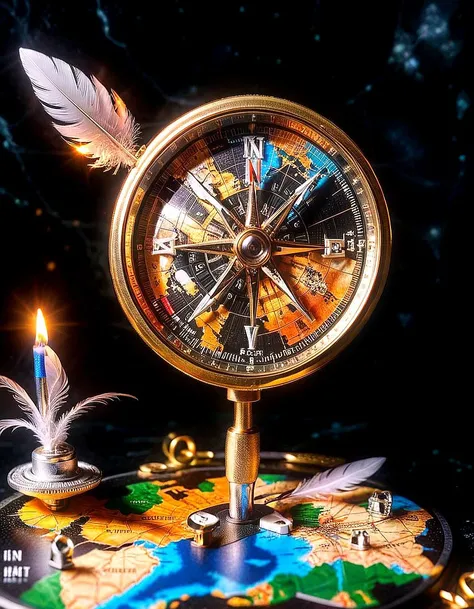 asymmetrical dimetric, infinite sharp focus, extremely detailed, high contrast, iso miniature compass extreme closeup, shimmer, old world map, long feather, tons of sparkle tiny amber lights glitter, luxury marble, solid black background, 8k hdr, high quality, chrome shiny, tilt shift, by kinkade thomas saliot,