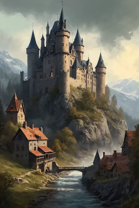 sorcerous 1880s castle, town, speedpainting