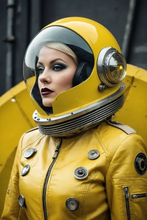 retro-futuristic organza cryptid, alien moon, retro-futuristic 1960s analog photo, brutalist dieselpunk, bolts and piping, angular design, yellow and grime, highly detailed