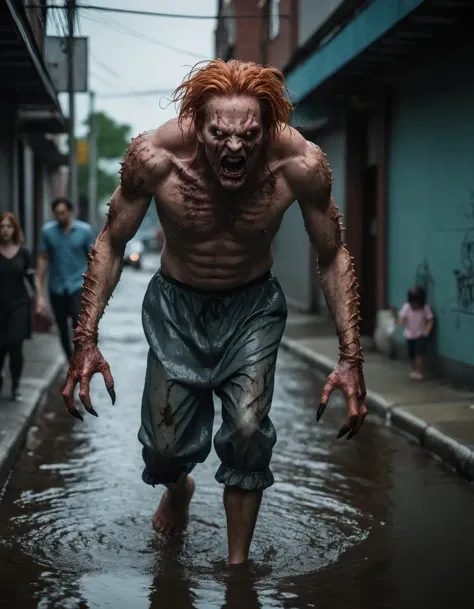 flora, Velvia, Charly Amani, Fascinating, wallpaper, Fujifilm XT3, beefy (horde of scary creepy horrifying creatures:1.2) , he is Walking down a street, JoJo pose, copper hairstyle, Sony A9 II, Gritty, under water, dramatic lighting