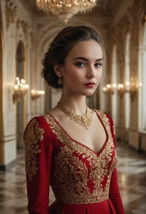 stunning medium shot photo of a russian woman wearing a red dress with gold embroidering, in an elegant ballroom, authentic film grain, still 35mm photo by Alessio Albi and Charlie Bowater