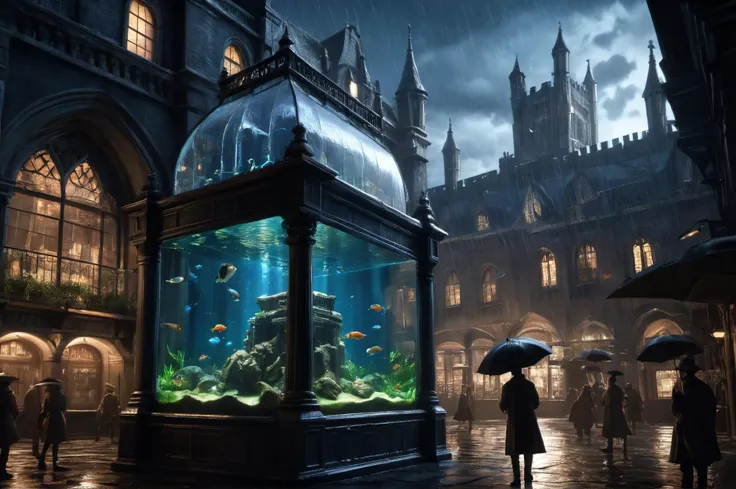 poster, giant aquarium in the town square of gothic london, rain at night, eague of legends concept art, cinematic backlighting, magical deep shadows, ultra-realism