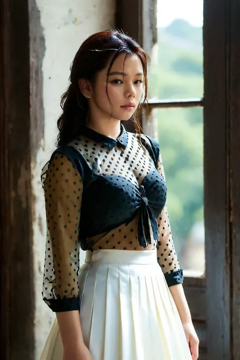 Gothic style, (masterpiece,best quality,ultra high res:1.1),(photo-realistic:1.1),side_light,bokeh,beautiful face,
looking at viewer,(simple background:1.1),1girl,18yo,(sweat and pure:1.2),from The Knot the movie,breasts apart,
<lora:Vivian_Hsu_XL_0_:1>,vivian_hsu,a hot summer day,enjoy this wet orgasm,sunlight through the glass to form a beam,(Polka_dot_blouse:1.5),(Pleated_midi_skirt:1.4),(Pointed-toe_pumps:1.3),At the Inquisition,church,, Dark, mysterious, haunting, dramatic, ornate, detailed