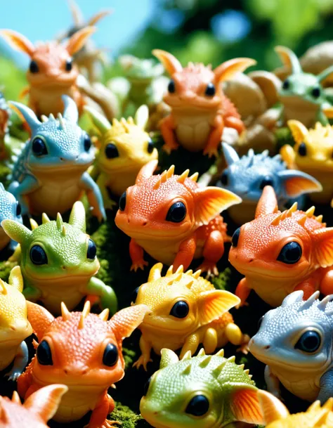 art by Cicely Mary Barker, Julio Shimamoto and Tim Hildebrandt, close up of an horde of diminutive creatures, Anime screencap, Orton effect, Kodak portra 800, F/14, absurdres, key visual