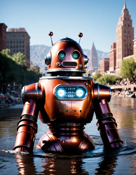 close up portrait of a Neat robby the robot from forbidden planet (1956) bathing in a river, cityscape, (backlighting) , realistic, masterpiece, highest quality, lens flare, shade, bloom, [[chromatic aberration]], by Jeremy Lipking, by Antonio J. Manzanedo, digital painting
