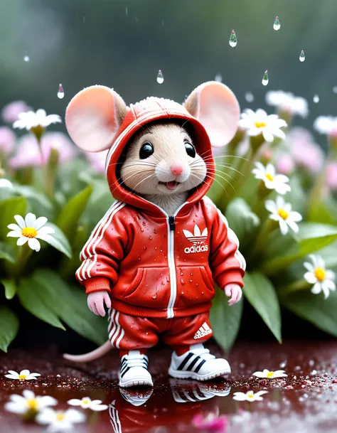 a cute diminutive  mouse wearing adidas tracksuit,  in the flowers, rain, a character portrait, Tilt-shift, bokeh