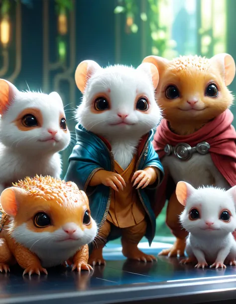 Holy Instinctive netrunner group of diminutive creatures By Artgerm and WLOP and Ilya Kuvshinov and RHADS and Loish and Rossdraws. Beautiful detailed face. Perfect shading, soft studio lighting, ultra realistic, photorealistic, octane render, cinematic lighting, hdr, 4k, 8k, edge lighting