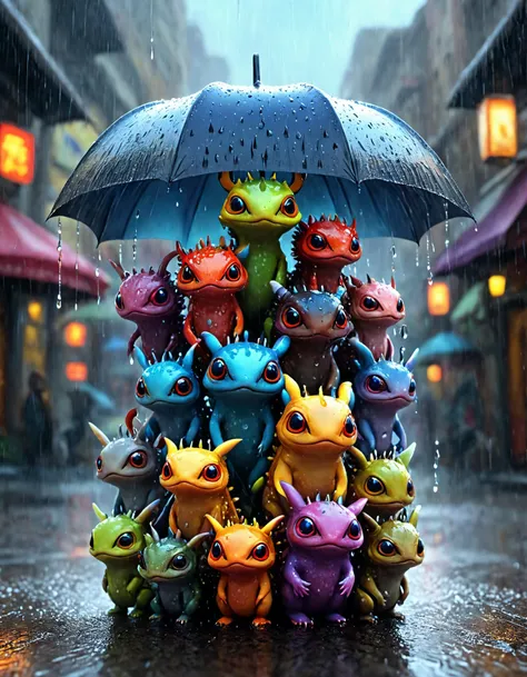 (masterpiece, top quality, best quality, official art, beautiful and aesthetic:1.2) , extreme detailed, Colorful, highest detailed, intricate, group of diminutive creatures, Evil, rain, fluid, shadows, glow