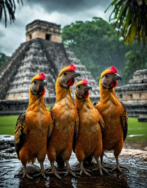 a young group of diminutive creatures, Chichen Itza, Lustful, Comb-over, (hdr:1.3) , (Single Color:1.2) , dramatic, complex background, cinematic, filmic, (rutkowski, artstation:0.8) , soaking wet