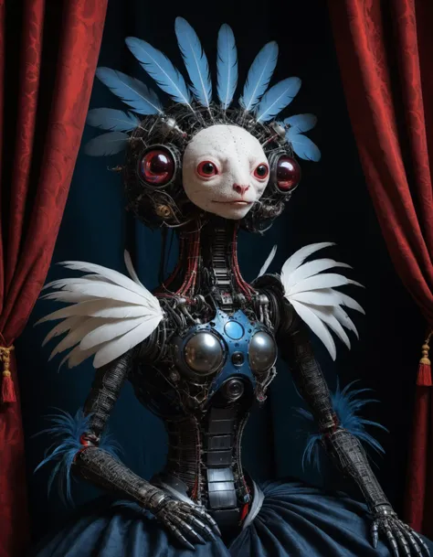 by Hieronymus Bosch,by Giuseppe Arcimboldo, a creature  half asian women half reptile half dark inhuman fauna sit in curtains with many feathers upon giant ribbed exoplanet staring up towards their cosmic machine, its fur ran with blue sparkles from under its body from below over my intricate filagree they gazed with black fur and red rimmed reflections upon the metal abysmal robotic technological bionics swirling atop my large monochromatic microcomputer and mechjord fabricated in layers of lattice and blue and black. by Hir
