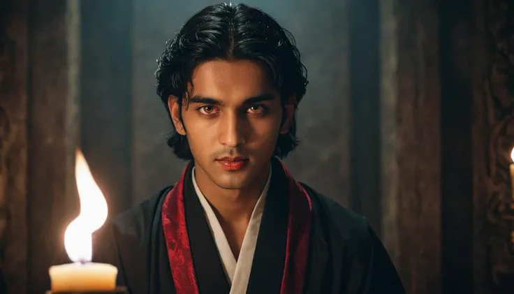 essence of darkness and mystery in a portrait of a young, handsome South Asian sorcerer. Depict him with glowing, hypnotic red eyes, adorned in elaborate black and red ritualistic robes and ornate gold jewellery. Set the scene in a candlelit, smokey secret chamber, where he performs a ritual with an aura of intrigue and drama