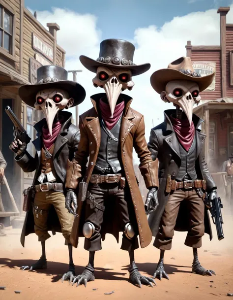 a trio of diminutive outlaws renegades creatures with oversized heads, humanoid pudica people, hats, guns, at dystopian wild west town, style of modern horror art, by Ed Blinkey, trending on artstation, award winning