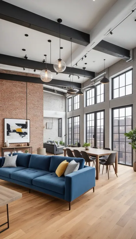real estate photography style of a modern loft, professional, inviting, well-lit, high-resolution, property-focused, commercial, highly detailed