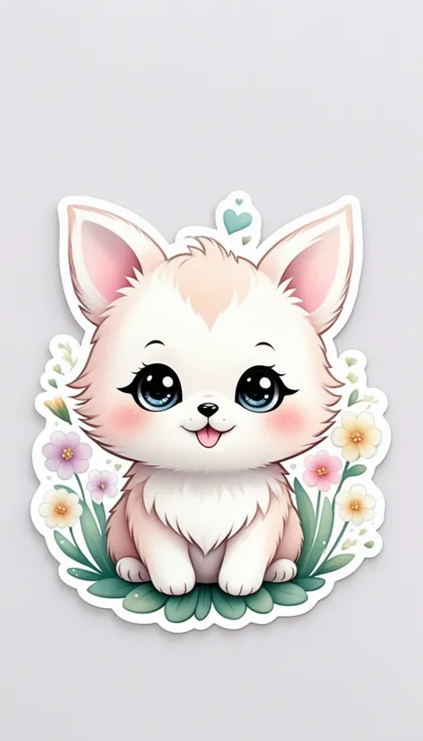 Sticker of a cute, round little animal with big, sparkling eyes and a gentle smile on its face. It has soft, pastel-colored fur. The small critter is surrounded by dainty, heart-shaped flowers in complementary pastel shades, adding to the sticker's overall charm.The white background provides the perfect canvas for this adorable creature, allowing its pastel features to pop and catch the eye. The sticker design exudes a warm and playful energy, making it an endearing addition to any item it adorns.