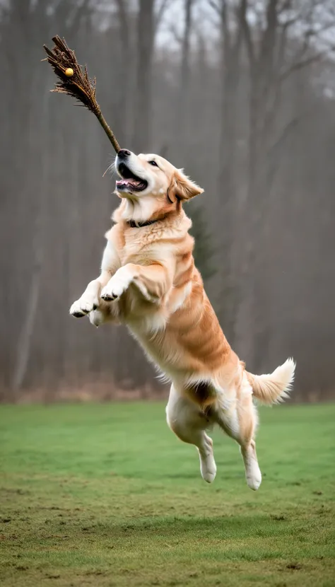 Golden retriever jumping to catch a stick