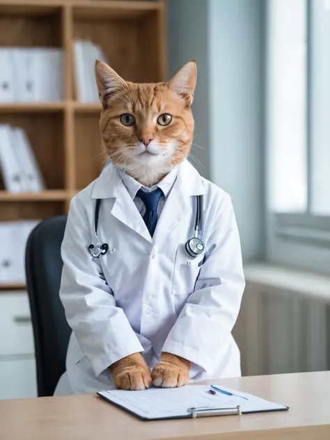 a cat in a doctor's coat sitting on a table in a room with a chair and a desk, Dr. Atl, professional photo, portrait, a stock photo, neoplasticism