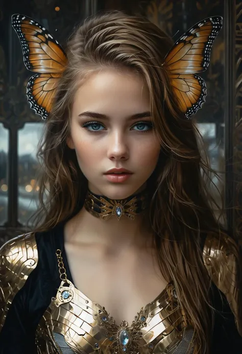 In Casey Baugh's evocative style, art of a beautiful young girl cyborg with long brown hair, futuristic, scifi, intricate, elegant, highly detailed, majestic, Baugh's brushwork infuses the painting with a unique combination of realism and abstraction, greg rutkowski, surreal gold filigree, broken glass, (masterpiece, sidelighting, finely detailed beautiful eyes: 1.2), hdr, realistic painting, natural skin, textured skin, closed mouth, crystal eyes, butterfly filigree, chest armor, eye makeup, robot joints, long hair moved by the wind, window facing to another world, Baugh's distinctive style captures the essence of the girl's enigmatic nature, inviting viewers to explore the depths of her soul, award winning art