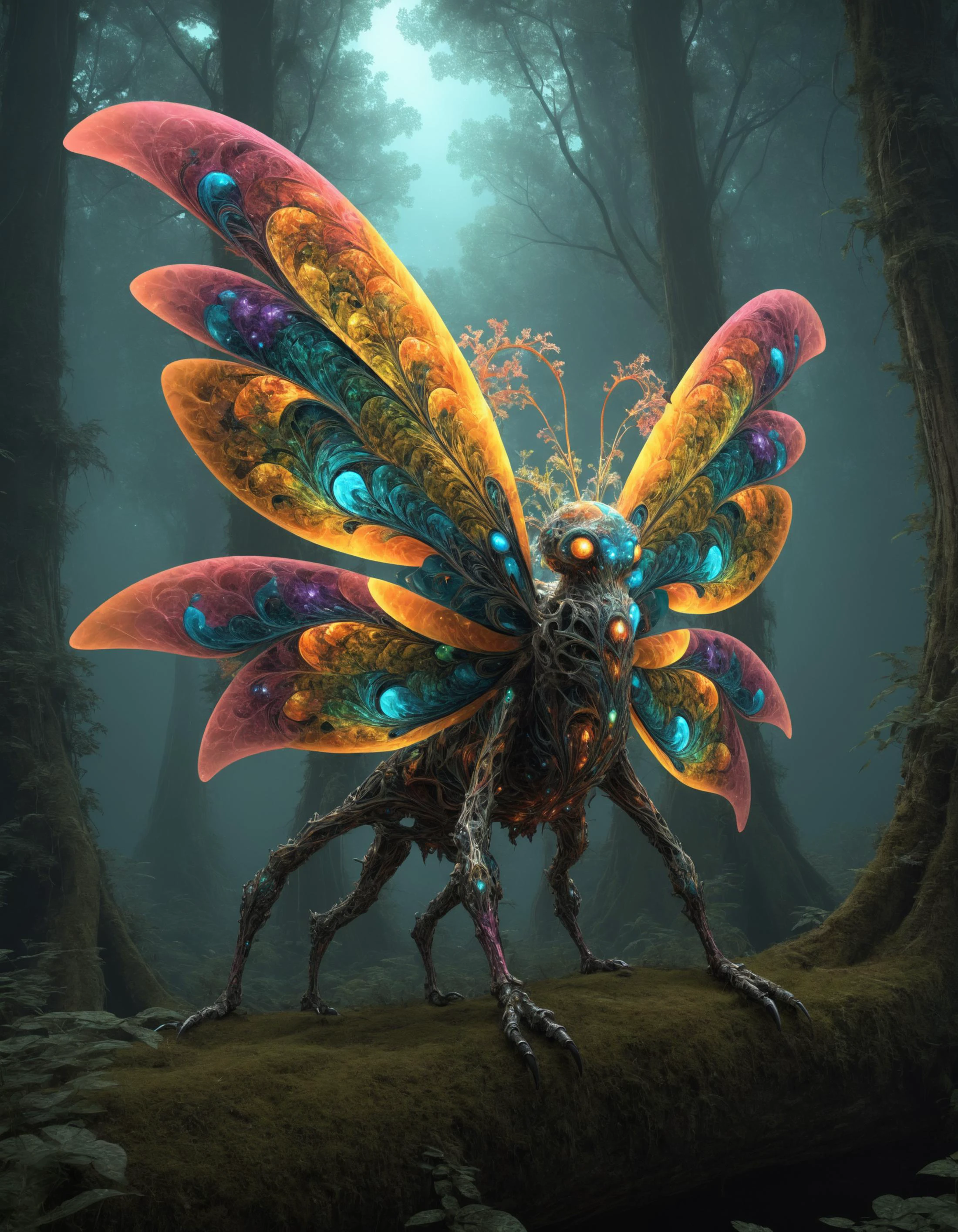 famous artwork by (ruan jia:1.4), (fractal art:1.6), fantasy style, dynamic angle, the worryingly (beautiful:1.8) dizzy necrobonker is a small highly poisonous life form with (brightly colored intricate wings:1.2), they inhabit the enchanted vabbling glades of the lush forests of planet nomturf vii hunting the air for the softly (glowing spores:1.2) of the vassled gobblefunktree
