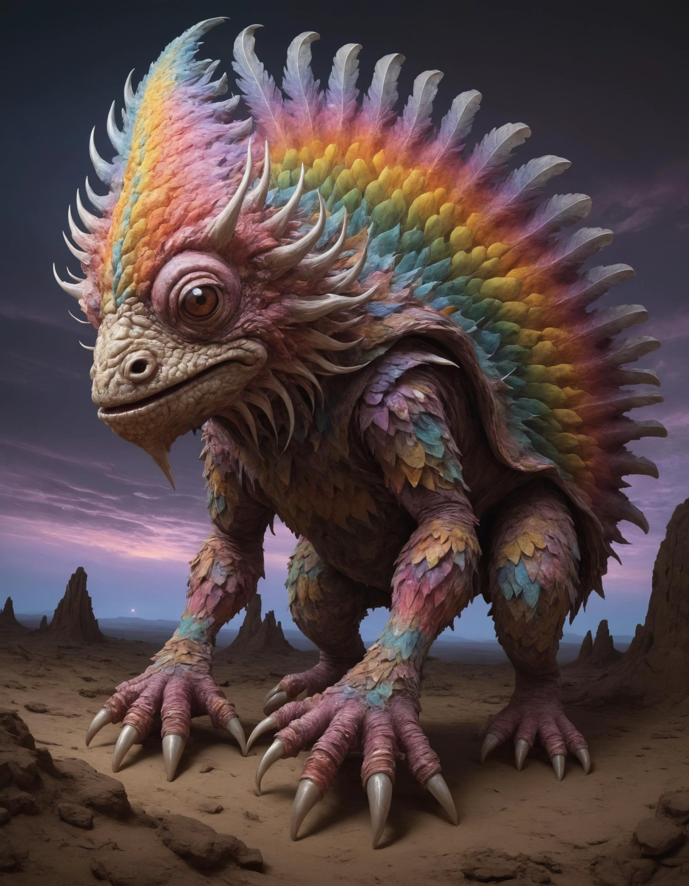 famous artwork by (antonio j. manzanedo:1.2) and (todd lockwood:1.1), (dramatic scene:1.4), (fractal art:1.1), fantasy style, dynamic angle, in the twilight hours on planet gullible iii a (fantastical creature known as colorful gluggniffle:1.2) with its coundrilsized (shimmering scales:1.4) roams the colorful jagged rock formations blorbshmeckeling the (surreal looking plains:1.2), this (wondrous creature:1.4) blends almost seamlessly with its surreal jibberquill