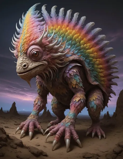 famous artwork by (antonio j. manzanedo:1.2) and (todd lockwood:1.1), (dramatic scene:1.4), (fractal art:1.1), fantasy style, dynamic angle, in the twilight hours on planet gullible iii a (fantastical creature known as colorful gluggniffle:1.2) with its coundrilsized (shimmering scales:1.4) roams the colorful jagged rock formations blorbshmeckeling the (surreal looking plains:1.2), this (wondrous creature:1.4) blends almost seamlessly with its surreal jibberquill
