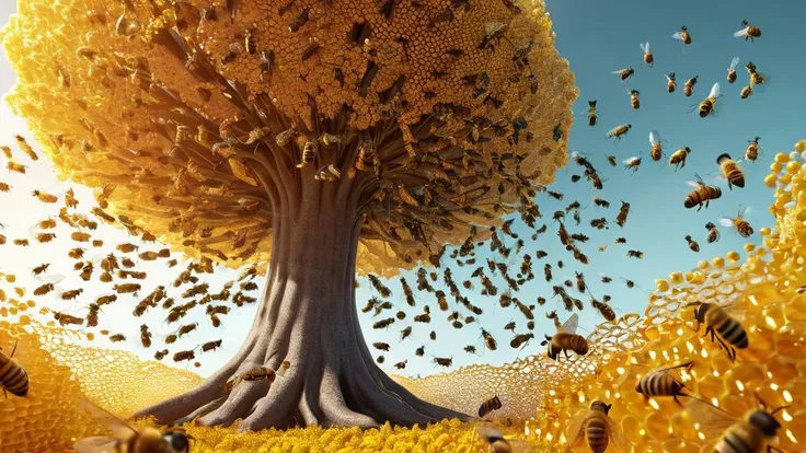professional 3d model concept art a swarm of honey bees flying around a tree made of honey melting <lora:ral-melting:(1:1.8> ral-melting . digital artwork, illustrative, painterly, matte painting, highly detailed . octane render, highly detailed, volumetric, dramatic lighting, extremely colorful <lora:ral-varnish:1.5> ral-varnish