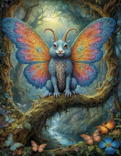 famous artwork by (josephine wall:1.2) and (paul bonner:1.3), (fractal art:1.2), fantasy style, dynamic angle, the worryingly (beautiful:1.8) fuzzy etherdonk is a small highly poisonous life form with (brightly colored intricate wings:1.2), they inhabit the enchanted worbleflanked glades of the lush forests of planet yuckman prime hunting the air for the softly (glowing spores:1.2) of the vassled uddershlurptree