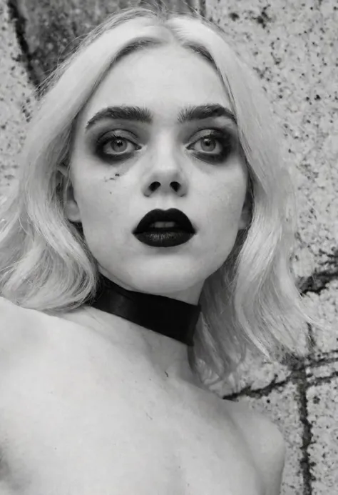 black and white, monochrome photography, concrete, cement, brutalism, brutalist style, unusual angle view, medium full body shot of a girl, ressembling Elle Fanning, white hair, white skin, black eyeliner, black eye-shadow, black lips, white iris, black eyebrows, black make-up, haunted expression, wearing a black_latex symetrical harness, (black_latex thigh-highs:1.2), (black_latex hat:1.4), brutalist city buildings, stormy overcast weather, heavy dark clouds, intricately detailed, depth of field, dramatic backlighting, cinematic LUT, film grain, epiCRealism