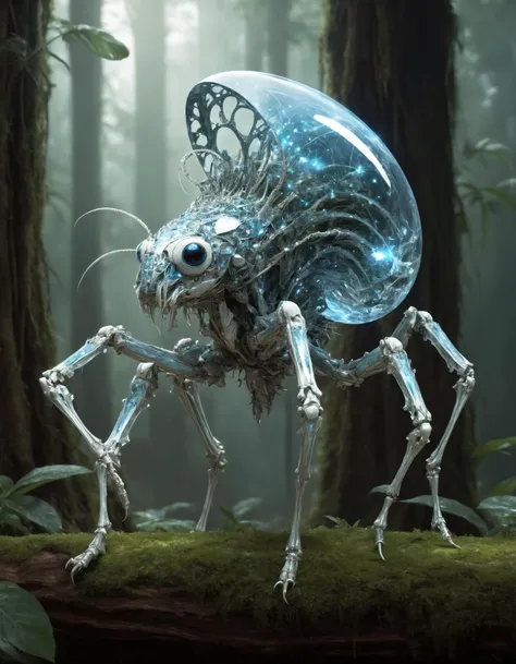 famous artwork by (anthony s. waters:1.2), crystalline, (fractal art:1.2), fantasy style, this peculiar life form, the fuzzy scuzznorbler hides in the flarbifying dense crystal jungles of the confrectioned exoplanet carefuleverythingwantstoeatyouhere, covered in a metallic exoskeleton it (ambushes its prey:1.4) with (long crystalline appendages:1.3)