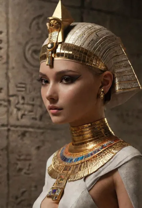 indoors, award winning film still, egyptpunkai, brutalism, old concrete, cement, scifi, brutalist pyramid background, (dim light, natural backlighting:1.5), unusual angle view, medium photo shot of a cute silver eyed irish girl, (short cleopatra bob white hair:1.2), (egyptian goddess golden outfit:0.7), (pharaoh:0.8), (nsfw:1.5), ancient egyptian black make-up, (haunted sinister expression:1.5), (indoors:1.5), (in an egyptpunkai temple scifi room:1.5), cornea reflections, detailed skin texture, subsurface scattering, transluscency, skin pores, skin fuzz, vellus hair, goose bumps, detailed face, intricately detailed, depth of field, (exquisite backlighting:1.5), cinematic LUT, film grain
