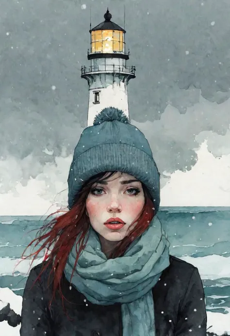 woman in winter hat, sea, lighthouse, winter , snowing, moody, by Conrad Roset