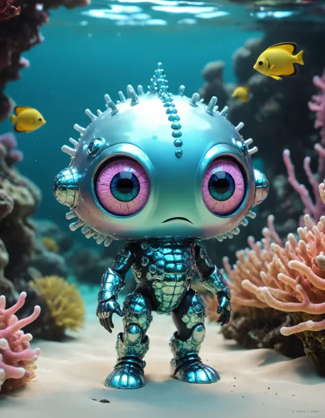 tiny Glamorous famous artwork by (anthony s. waters:1.3), detailed expressive eyes, fantasy style, (fractal art:0.7), marvel at the mesmerizing rambunctious ethernubber characterized by its long, segmented body covered in countless iridescent armor plates, it gracefully arrgdurdles through the enormous bioluminescent coral reefs of its blongspivelled underwater wibbledymedomain, glowing in symbiosis with the teeming aquatic flora toy, standing character, soft smooth lighting, soft pastel colors, skottie young, 3d blender render, polycount, modular constructivism, pop surrealism, physically based rendering, square image