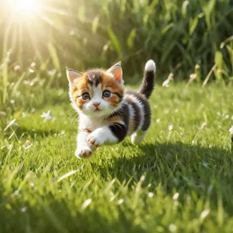 a perfect 3d render of a calico kitten playing in a field, chasing butterflies, beautiful sunlight,