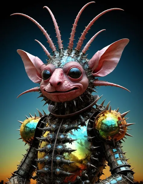 by Hieronymus Bosch,by Giuseppe Arcimboldo, Atomicpunk Cool famous artwork by (dermot power:1.1) and (glen cook:1.4), (dramatic scene:1.4), (fractal art:1.1), fantasy style, dynamic angle, in the twilight hours on planet shmodderball iii a (fantastical creature known as shiny bogkirg:1.2) with its avessational (shimmering scales:1.4) roams the colorful jagged rock formations shmuggling the (surreal looking steppes:1.2), this (wondrous creature:1.4) blends almost seamlessly with its surreal snigglefritz, cluttered environment