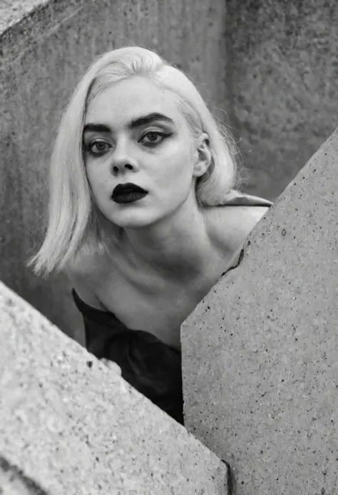 black and white, monochrome photography, concrete, cement, brutalism, brutalist style, unusual angle view, medium full body shot of a girl, ressembling Elle Fanning, white hair, white skin, black eyeliner, black eye-shadow, black lips, white iris, black eyebrows, black make-up, haunted expression, wearing a black_latex symetrical harness, (black_latex thigh-highs:1.2), (black_latex hat:1.4), brutalist city buildings, stormy overcast weather, heavy dark clouds, intricately detailed, depth of field, dramatic backlighting, cinematic LUT, film grain, epiCRealism