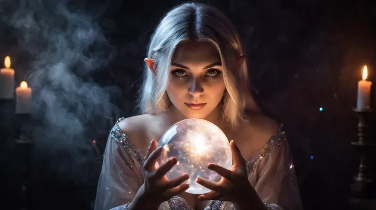 1girl, mystical elf, looking into crystal ball, holding mysteries, showing a microcosm space, stars, unique, huge breasts, cleavage, candlelight, dark background, atmosphere of mystery, smoke, subtle multicolored lighting,