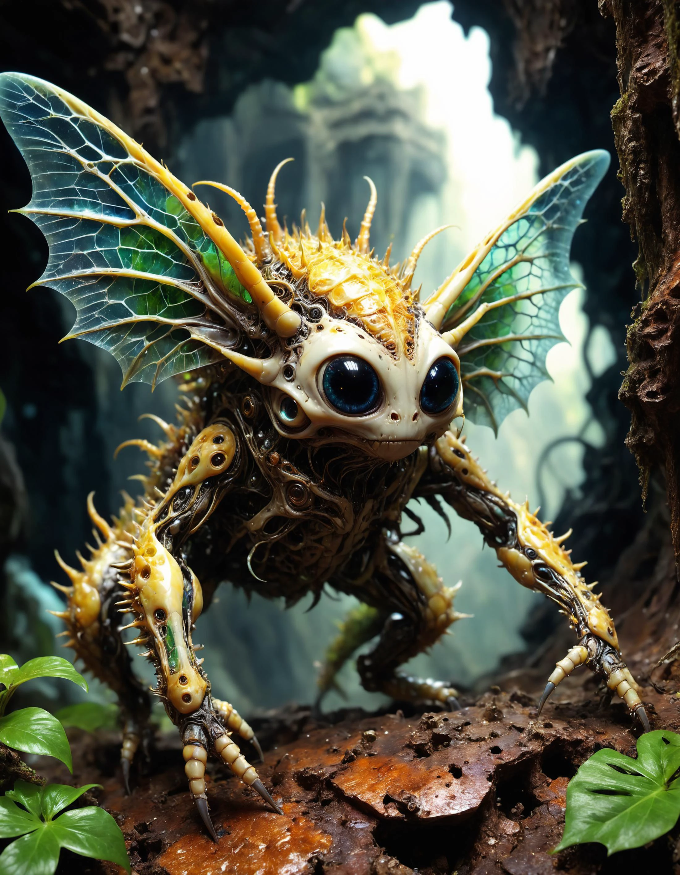 hyper detailed masterpiece, dynamic realistic digital art, awesome quality,thai netherworld,whispering abandoned mine,fibrillose texture connection subsurface scattering (sss),stellar evolution, tangled,  Small Ferocious Alien Terrifying fractal creature, Hexapod Decamanual, plantigrade appendages,  Bushy-Tailed, spiky scales,    Seraph Wings,, <lora:SDXLFaeTastic2400:0.8>