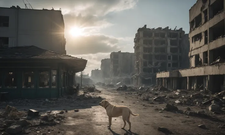 landscape photo of a post apocalyptic wasteland that looks like a scene from the Fallout cinematic movie, rubble strewn everywhere, messy, nuclear waste, war, drama
ruins of bombed buildings that are crumbling apart
an abandoned parisian cafe
the sun setting over the horizon, providing god rays at dusk
a labrador walking away from the camera, lonely, looking for food