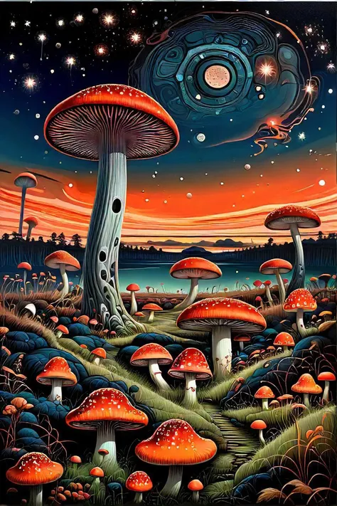 (highres, high quality:1.3), intricate details, sharp focus, depth of field, a futuristic, surrealistic painting depicts a vast expanse of grassy plains. a multitude of mushrooms, varying in shapes and sizes, dominate the landscape. they are primarily orange, with hints of red and brown interspersed throughout. the sky above is a deep blue, speckled with stars that appear to be much closer than they would naturally. in the distance, tall trees stretch upwards, their leaves glowing softly against the night sky. the overall atmosphere suggests an otherworldly realm where nature has evolved beyond our understanding.